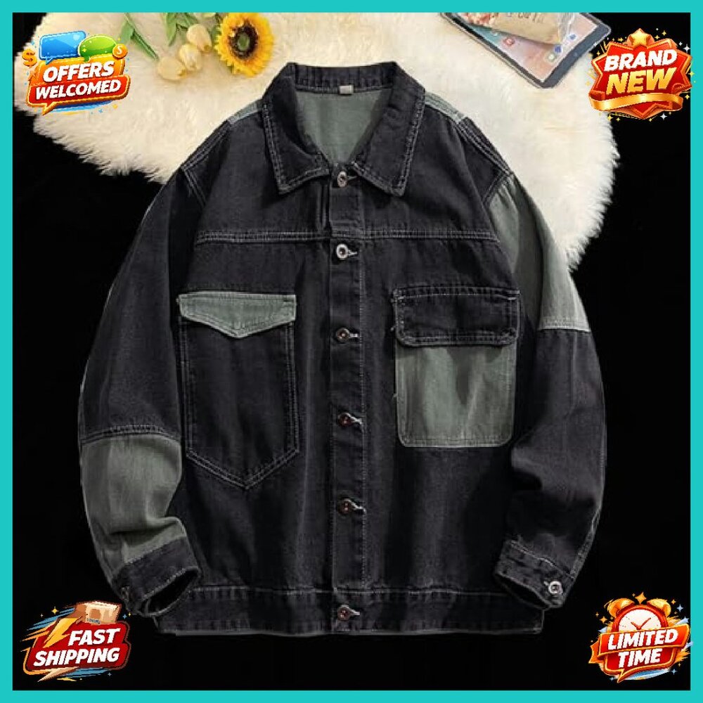 Oversized Denim Jacket Mens Patchwork Button Down… - image 4